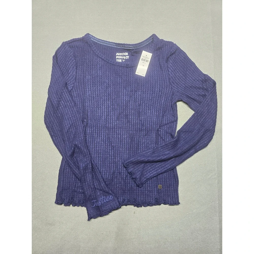 Justice Perfect Tee Girls Size 14 Navy Blue Ribbed Long Sleeve Lettuce Trim NEW